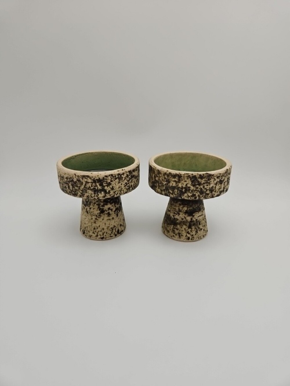 Pieter Groeneveldt Pair Of Brutalist Green Speckled And Glazed Candle Holders